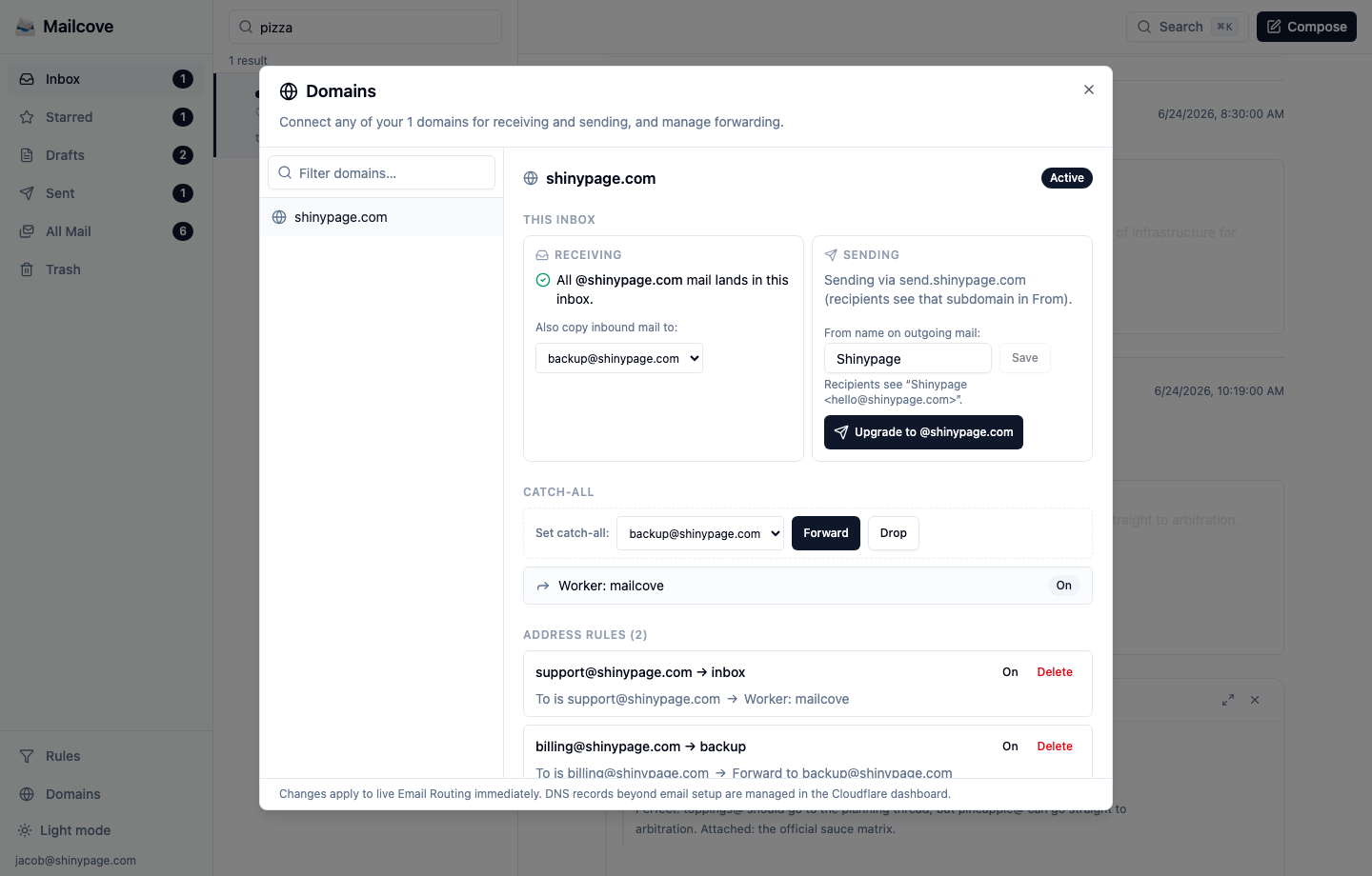 Mailcove domain management dialog showing Email Routing and sending setup
